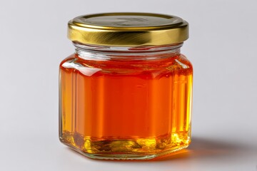Aufkleber - Bright orange honey in a clear glass jar with a gold lid on a neutral background showcasing its rich texture