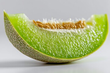 Poster - Fresh green melon slice showcasing texture and seeds on a light background