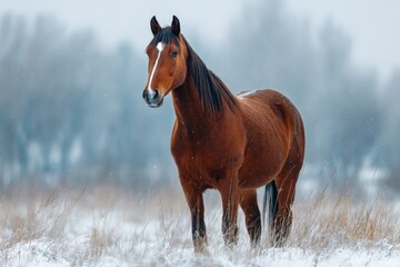 Poster - Horse standing in a snowy field during winter with blurred trees in the background