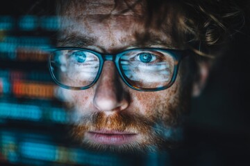 Leinwandbilder - Intense focus on coding activities late at night in a dimly lit workspace with computer screens displaying data