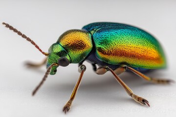 Poster - Colorful beetle with iridescent shell crawls on a white surface in a close-up capture