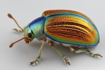 Poster - Colorful beetle displaying iridescent patterns on its shell during daylight hours in a natural setting
