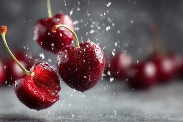 Aufkleber - Fresh cherries splashing in water create a vibrant and refreshing scene for summer enjoyment