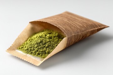 Poster - Bright green matcha powder in an eco-friendly package ready for culinary use or beverage preparation at a modern kitchen countertop