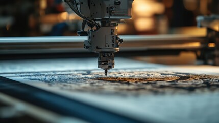 Poster - Close up of automated plotter engraving a detailed pattern. Perfect for illustrating precision, technology, and manufacturing.