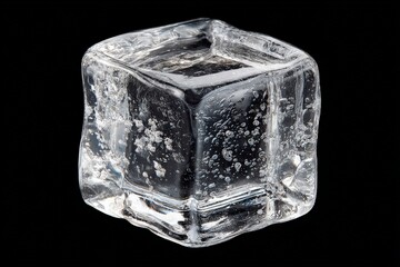 Poster - Clear ice cube with bubbles floating inside captured on a black background highlighting its texture and structure