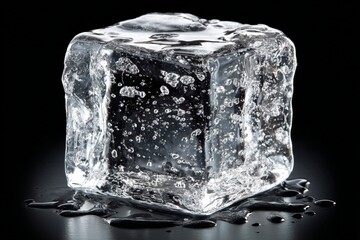 Aufkleber - clear ice cube melting on a dark surface with bubbles reflecting light in the background