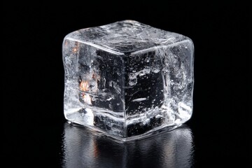 Poster - Clear ice cube on reflective surface showcasing bubbles and texture in a dark environment