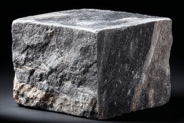 Poster - Granite stone block displayed on a dark surface showcasing its natural texture and color variations in a close-up setting