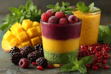 Poster - Colorful layered smoothie cups garnished with fresh fruits and mint on a rustic table