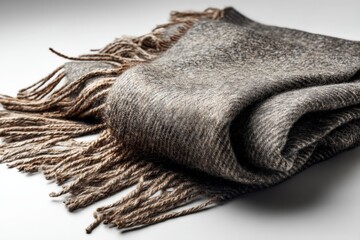 Poster - Soft gray wool blanket folded elegantly with fringes resting on a neutral surface