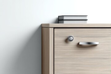 Poster - Modern wooden cabinet with sleek handle and stacked books during daytime in a minimalistic interior setting