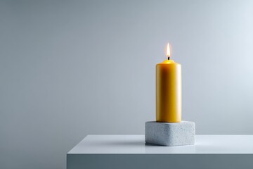 Poster - Elegant yellow candle with warm glow resting on a minimalist concrete holder in modern interior design setting