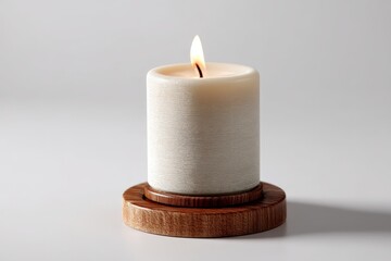 Aufkleber - Elegant white candle on a wooden holder illuminating a serene setting in a calm indoor space during evening hours
