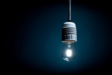 Aufkleber - Bright light bulb hanging from a cord against a dark background in a minimalistic setting