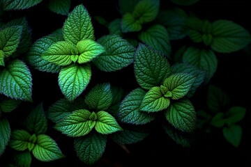 Poster - Lush green mint leaves illuminated in soft light against a dark background showcasing their unique texture and vibrant color