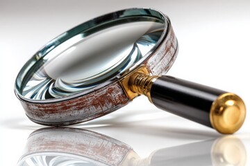 Poster - Magnifying glass placed on a reflective surface showcasing intricate patterns and textures under bright lighting