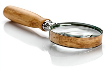 Aufkleber - Magnifying glass with a wooden handle placed on a white surface highlighting its details and reflections during daytime