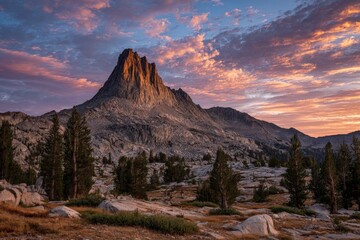 Poster - Majestic mountain peak under a colorful sunset in a tranquil wilderness setting