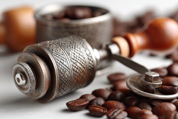 Poster - Coffee grinder and fresh beans arranged on a table with a rustic charm in a cozy kitchen setting