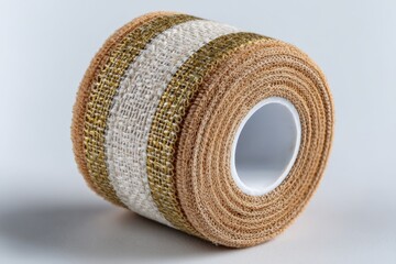 Poster - Decorative ribbon roll featuring natural fibers and metallic accents on a light background in a minimalist setting