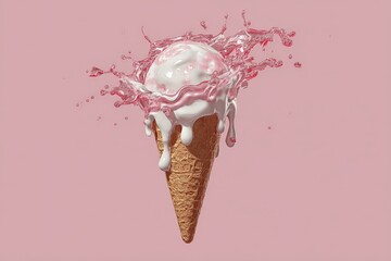 Poster - Colorful ice cream cone splashing in pink background creating a vibrant and joyful summer vibe