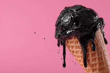 Aufkleber - Delicious black ice cream cone with melting sauce against a pink background