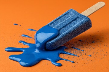 Aufkleber - Bright blue paint dripping from a popsicle mold on an orange background during an art project