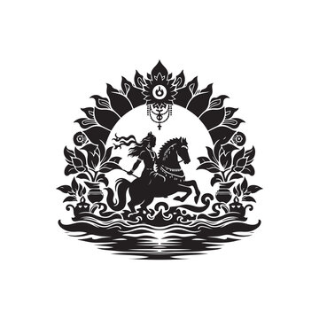 Ganga Dussehra Silhouette Vector Illustration, Solid White Background.