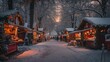 © Alla - dynamic outdoor scene of winter dessert market with hot chocolate, snowy stalls, candid style, warm evening lighting, vibrant red and white tones, wide-angle composition with stalls in foreground