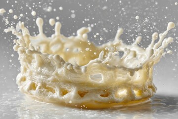 Poster - Milk splash creates a dynamic pattern in mid-air against a neutral background