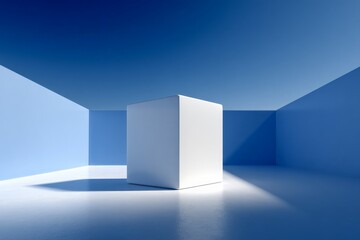 Aufkleber - Minimalist white cube in a blue room with geometric walls and soft lighting