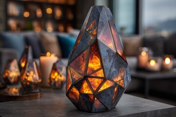 Leinwandbilder - Unique geometric lamp design creating a warm, inviting ambiance in a cozy living room setting during the evening