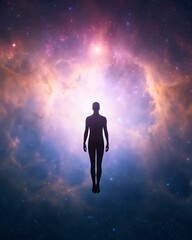 back silhouette of an ethereal human soul floating in deep space amid vibrant nebula colors, symboli