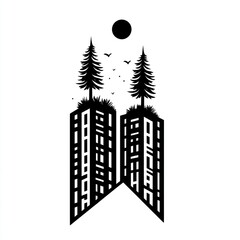 Aufkleber - Trees on City Rooftop, Birds Flying, Moon, Urban Nature, Design