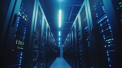 Fototapete - Secure high-tech server hallway with lighting and deep blue tones, suited for cybersecurity visuals, network operations, or smart digital infrastructure concepts