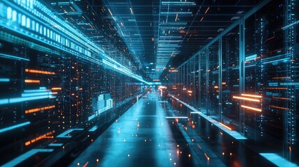 Poster - Futuristic server racks with visualized data streams and neon elements, ideal for conveying fast data transfer, virtual environments, or digital transformation themes
