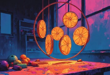 Poster - Vibrant citrus slices suspended in a colorful, artistic display
