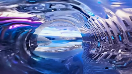 Poster - Abstract liquid metal tunnel with sky reflection. Metallic wave corridor. Sci-fi chrome interior. 4K.