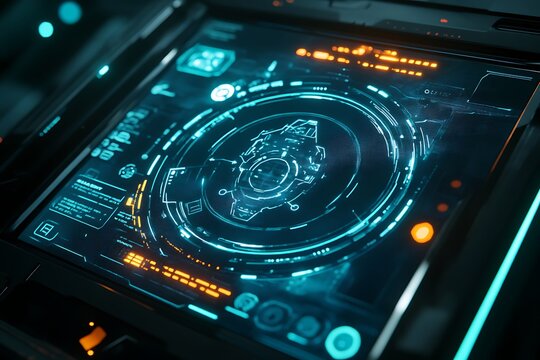 Close up of a futuristic digital display screen with glowing blue and orange elements showing data