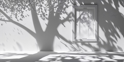 Poster - Shadows of a tree cast on a white wall beside a window during daylight hours