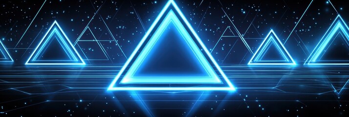 Poster - Abstract geometric neon layout with glowing triangles on dark background for advertising