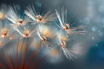Poster - Dandelion seeds display intricate details and dew drops shining softly against a blurred background in gentle early morning light