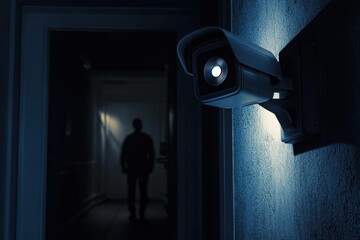 Poster - CCTV camera monitors dark hallway while an individual stands in the background