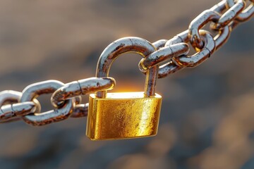 Poster - Close up view of a golden padlock securing a robust metal chain outdoors