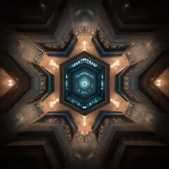 Poster - Stunning Geometric Architecture with Symmetrical Patterns and Luminous Lighting in a Modern Indoor Space