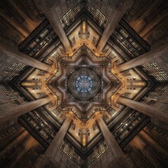 Poster - Intricate Architectural Design of a Modern Building Ceiling with Pillars and Symmetrical Patterns in a Dramatic Perspective