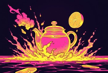 Aufkleber - Vibrant teapot splashing water with lemon and colorful elements
