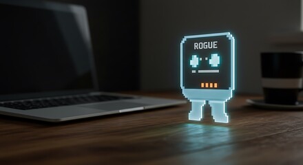 A glowing, pixel-art style robot with the word 