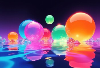 Poster - Colorful translucent spheres reflecting on a serene water surface